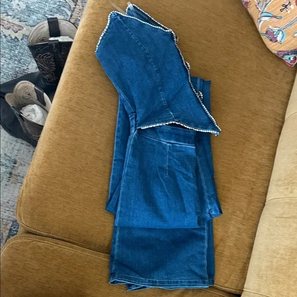 Denim Jumpsuit with Rhinestone Trim - Picture 8 of 9